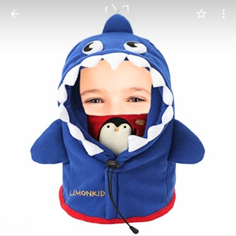 LEMONKID Blue Shark Soft Thick Fleece Hooded Hat – Penguin Warm Face Cover